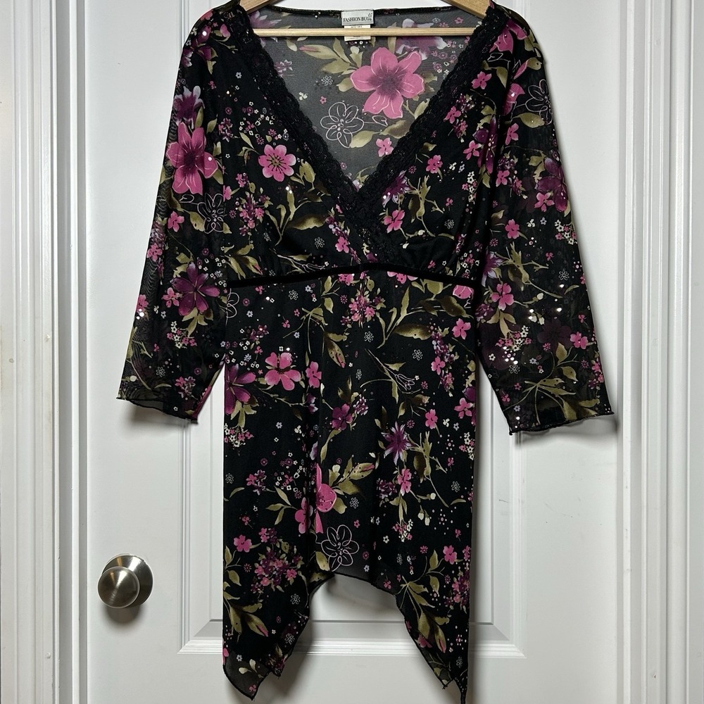 Fashion Bug Vintage Y2K Black Pink Sequin Floral Print‎ Lace Trim Mesh Blouse
